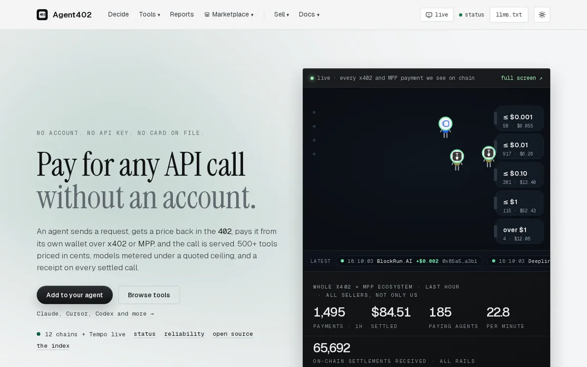 Homepage of Agent402 (agent402.tools), screenshot captured 2026-10-19