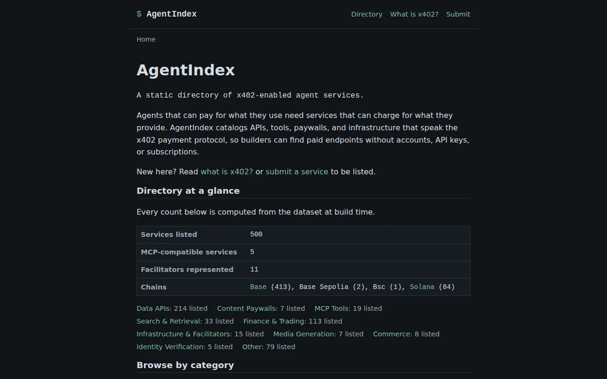 Homepage of AgentIndex (x402looker.com), screenshot captured 2026-10-19